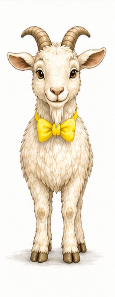 Barnaby the goat, approved cream coat and yellow bowtie front-view illustration