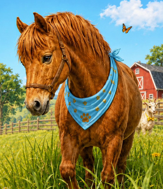 Buttons the chestnut barn horse in his approved portrait