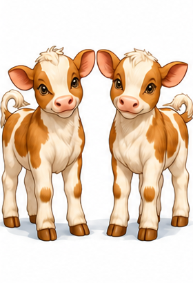 Mochi and Moosho the calves in their approved front model-sheet pose